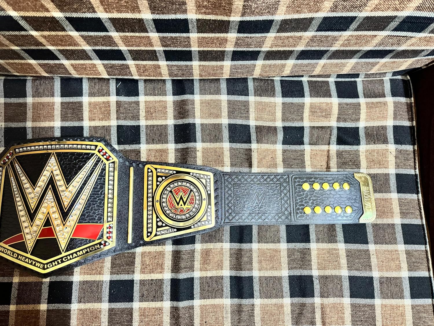 World Heavyweight Championship Replica Wrestling Title Belt Adult Size - Gold Coated Metal Plate Leather Strap, Black