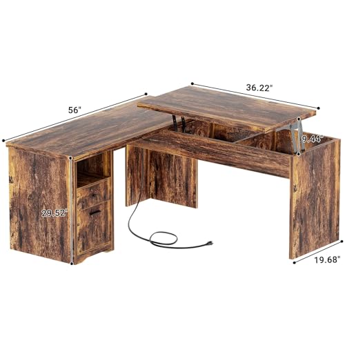 Unikito L Shaped Desk with Lift Top and Drawer, Large Office Desk with Power Outlets and USB Charging Ports, Sturdy Corner Computer Desk Writing Table with Storage, L Shape Standing Desk, Black