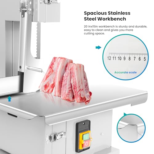 Meat Cutting Bandsaw Machine, 1500W Electric Bone Saw for Butchering with 19" x 14" Stainless Steel Workbench, 8 Saw Blades, 0.04-3.9" Cutting Thickness, Frozen Meat Cutter for Ribs (1500W)