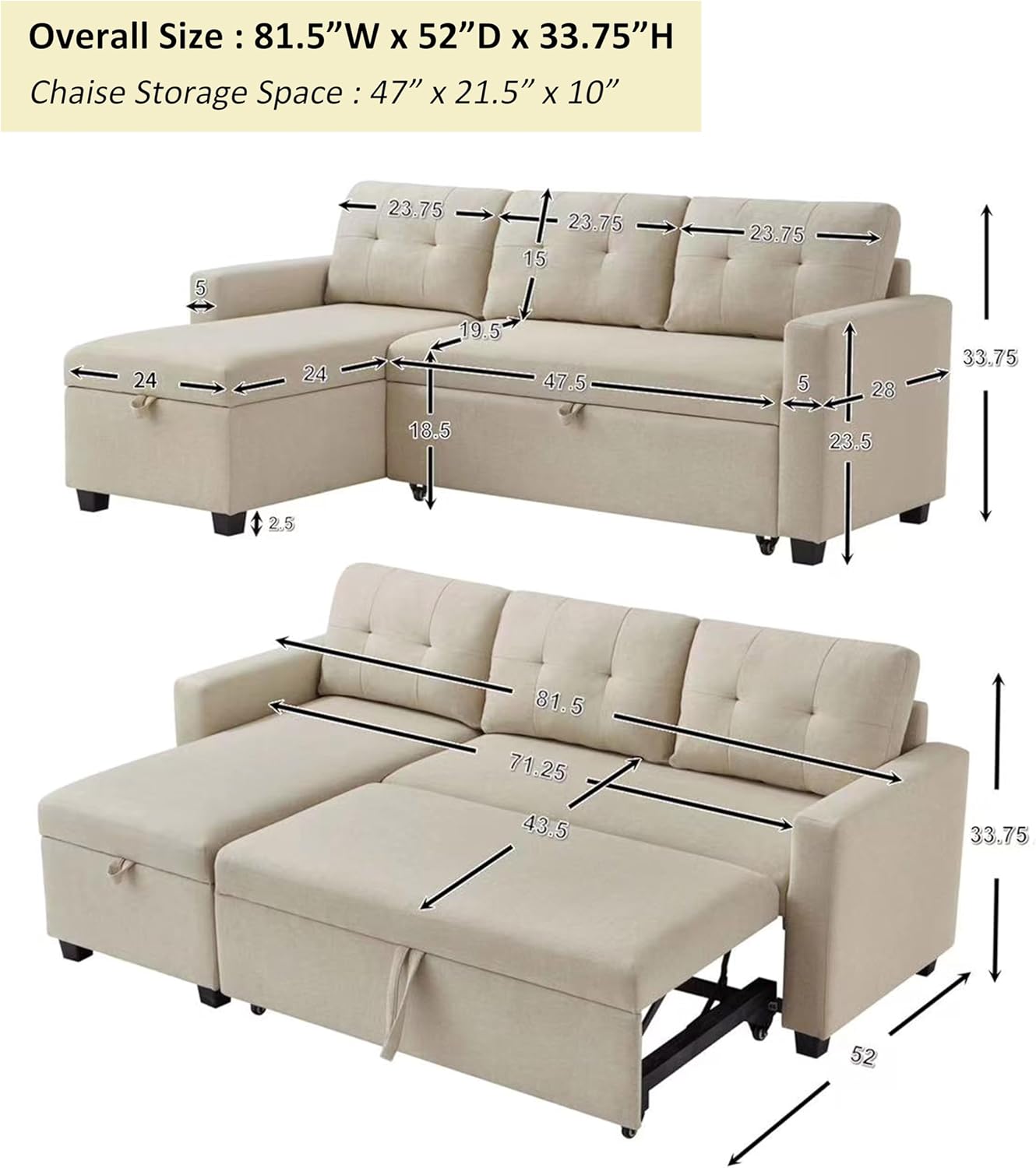 81.5" Convertible Sofa Sectional L-Shape Sleeper Storage Chaise&Pull-Out Bed,Upholstered Reversible Corner Couches for Living Room, Apartment, Small Spaces, Office, Dorm, 81.5inch, Beige