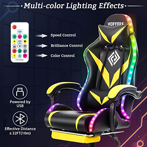 HOFFREE Gaming Chair Massage with Bluetooth Speakers and Led Lights Ergonomic Computer Gaming Chair with Footrest RGB Video Game Chair with High Back Lumbar Support Blue and Black