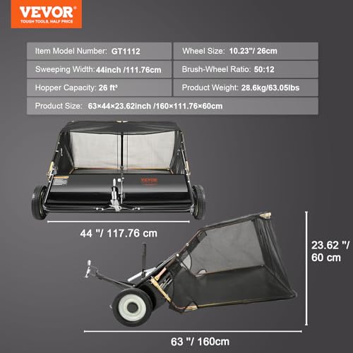 VEVOR Tow Behind Lawn Sweeper 44 Inch, 25 cu. ft Large Capacity Heavy Duty Leaf & Grass Collector with Adjustable Sweeping Height, Dumping Rope Design for Picking Up Debris and Grass