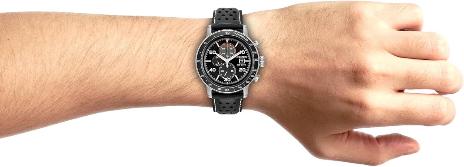 Citizen Men's Eco-Drive Weekender Brycen Chronograph Watch in Stainless Steel, Black Leather strap, Black Dial (Model: CA0649-14E)