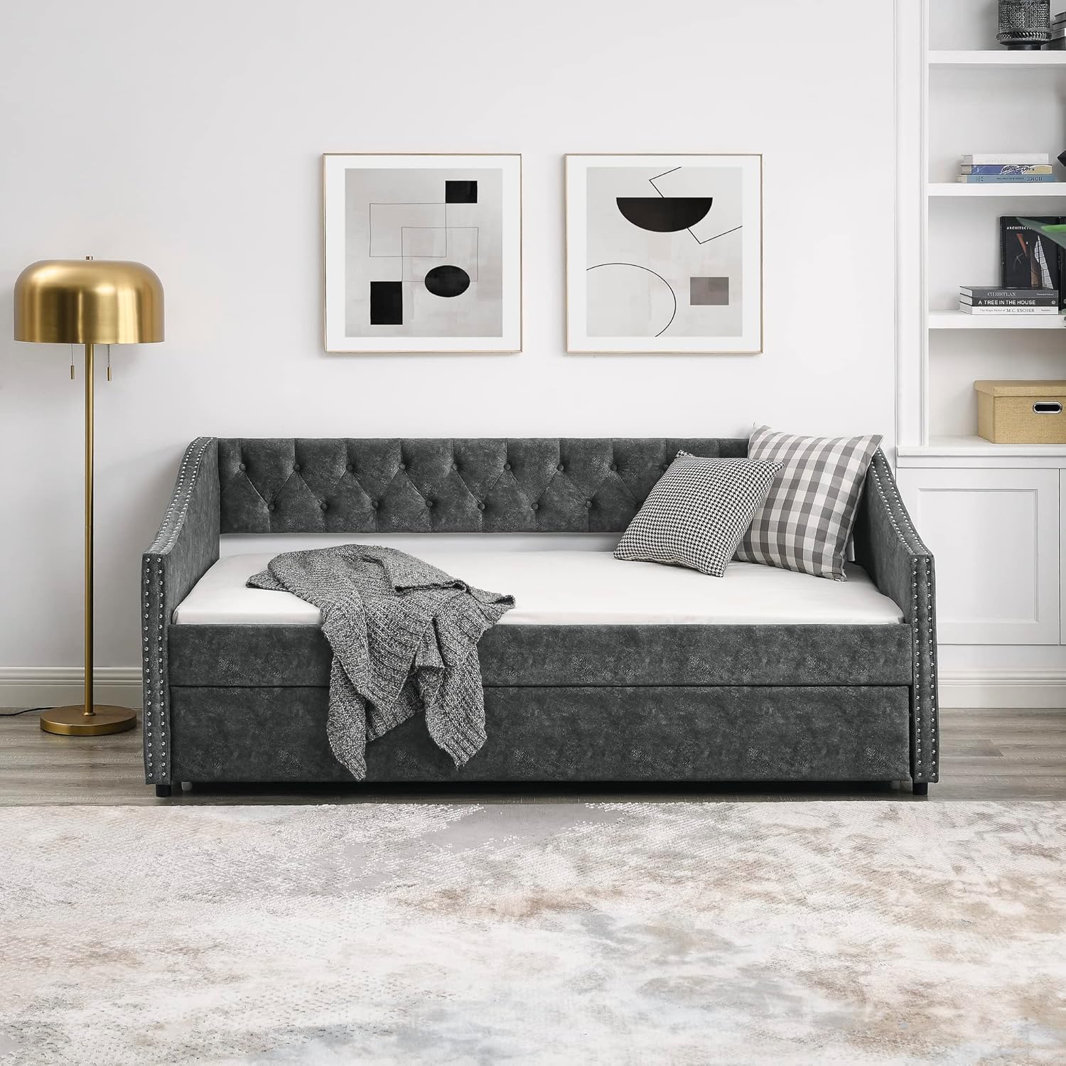Twin Size Tufted Daybed with Twin-Size Trundle, Upholstered Sofa Bed, Wooden Couch with Button on Back and Copper Nail on Waved Shape Arms, for Bedroom, Living Room, Gray