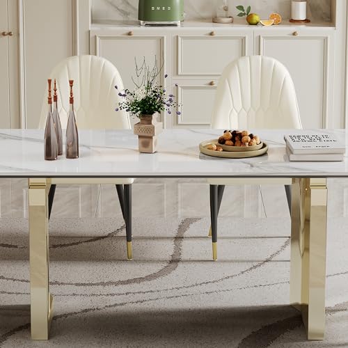 63 inch Glass Dining Table with Clear Rectangular Glass Top, U-Shape Golden Plating Metal Legs Modern Rectangular Glass Kitchen Table Furniture for Home Office Kitchen Dining Room (Gold)