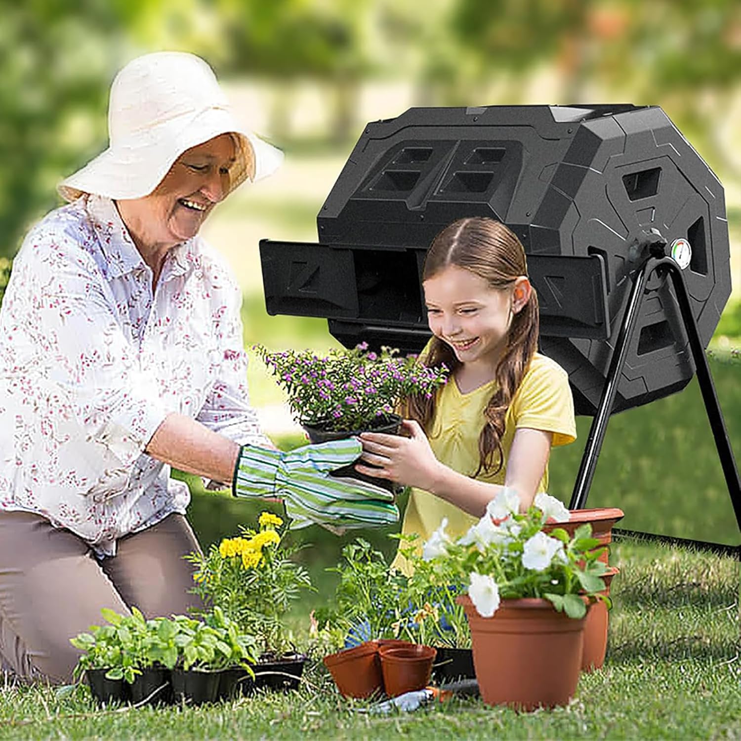 Outdoor Compost Bin, 160L Tumbling Compost Bin Outdoor Dual Chamber 360° Rotating Composter with Thermometer and Dual Chamber Sliding Doors, for Fast Creation of Fertile Soil