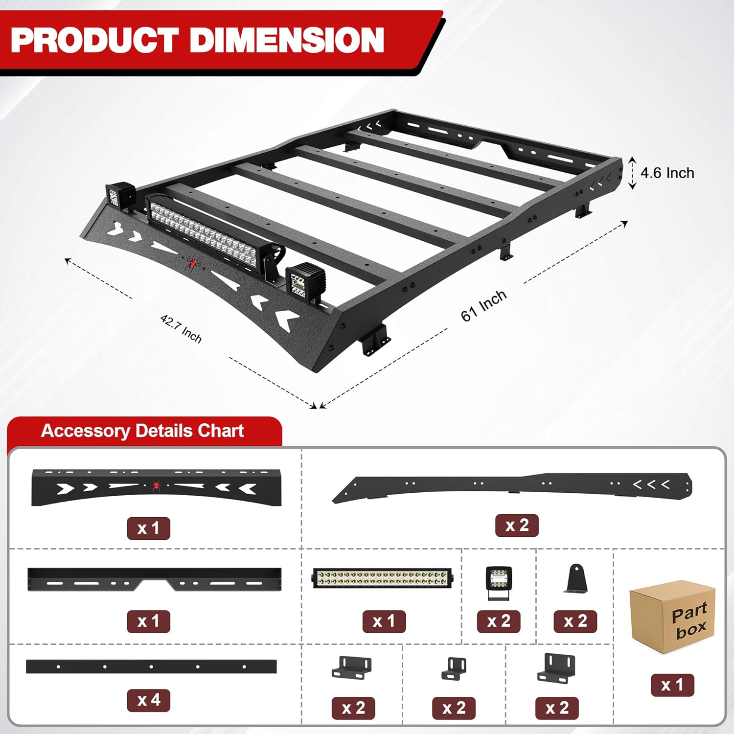 Roof Rack for Tacoma Roof Rack Cargo Carrier Heavy Duty Top Roof Basket Rack Extension with 2 X 18W LED Lights and 1 X 144W Light Bar Fit for Toyota Tacoma 2005-2022