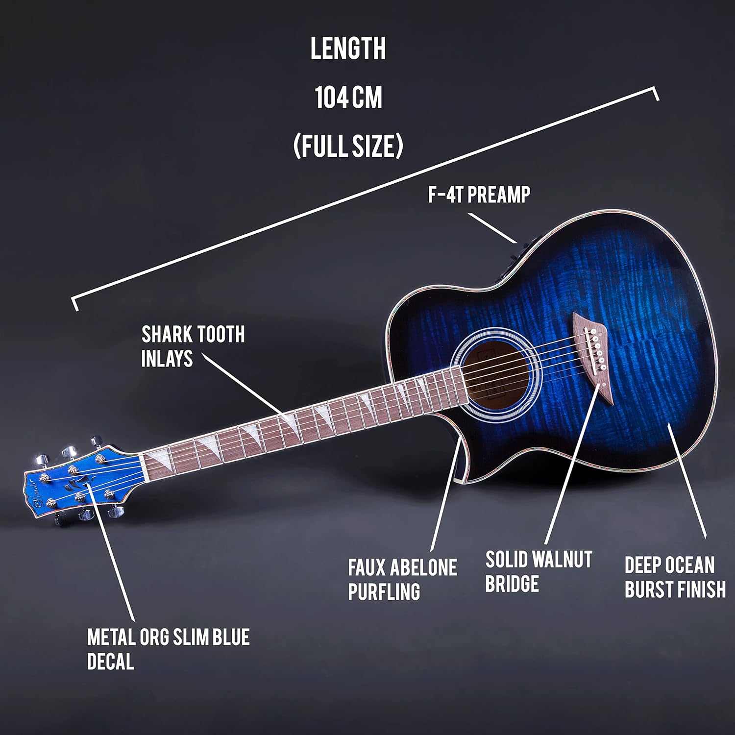 Lindo Left Handed ORG SL Slim Blue Electro Acoustic Guitar with Preamp and LCD Tuner