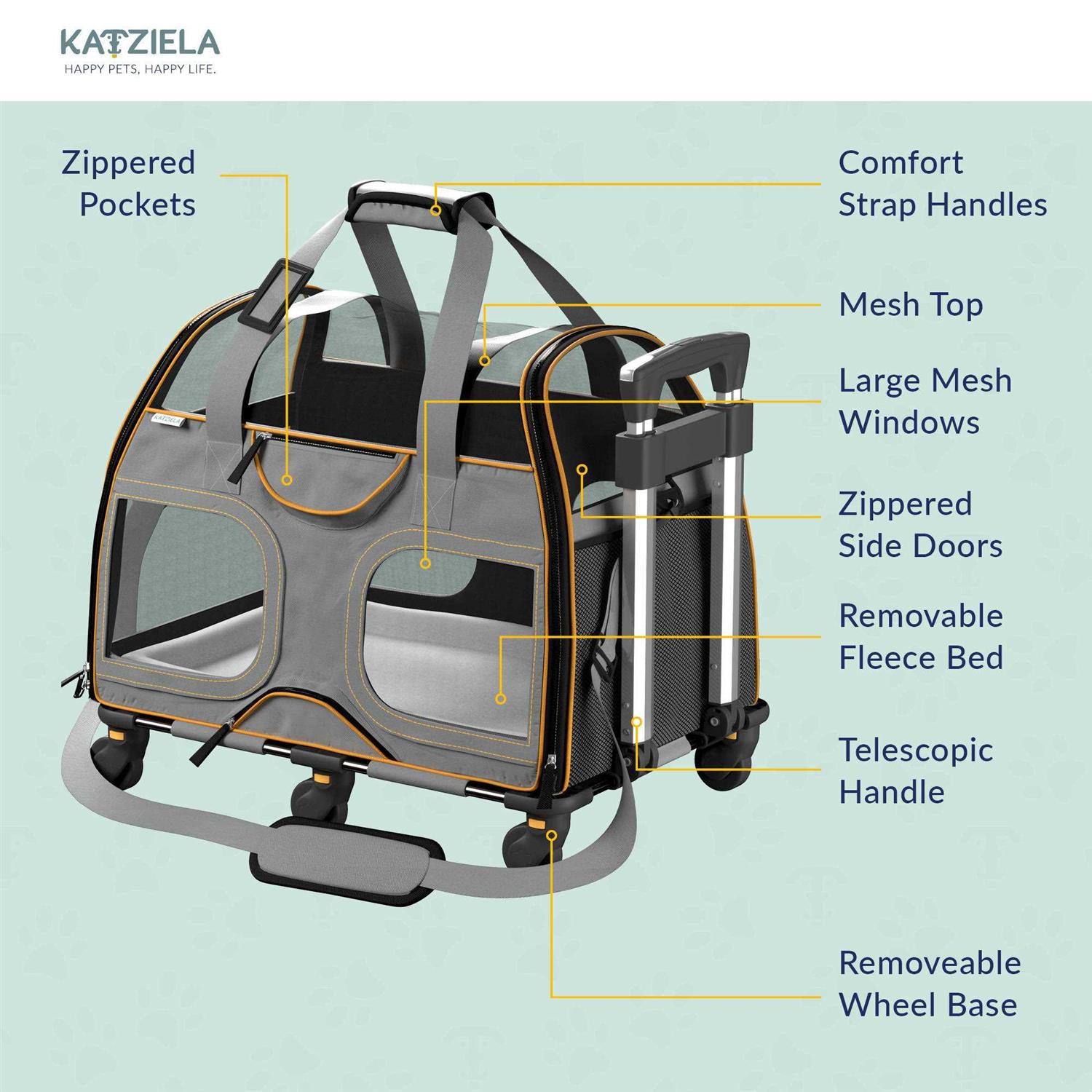 Katziela Luxury Rider Pro Pet Carrier with Removable Wheels and Double Telescopic Handle - Pet Supplies online store