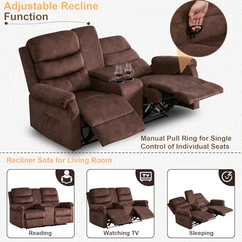65.7" Manual Loveseat Recliner, Linen Fabric Home Theater Seating Recliner Chair with Storage Console, 2 Seater Reclining RV Sofa Chair for Living Room with Cup Holders (Grey-Linen)