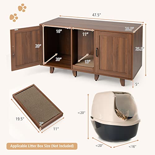 Tangkula Double Cat Litter Box Enclosure for 2 Cats, Large Stackable Hidden Privacy Cat Washroom Cabinet with Scratching Board, Indoor Cat House TV Stand, Litter Box Furniture (Grey Oak)
