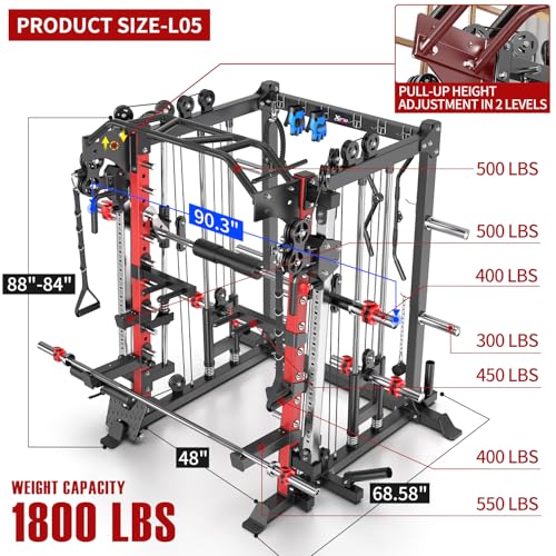 L05/07 Smith Machine，Multi-Function Squat Rack Power Cage with Cable Crossover System,with Weight Bench, Olympic Barbell Weight Set, for Home Gym