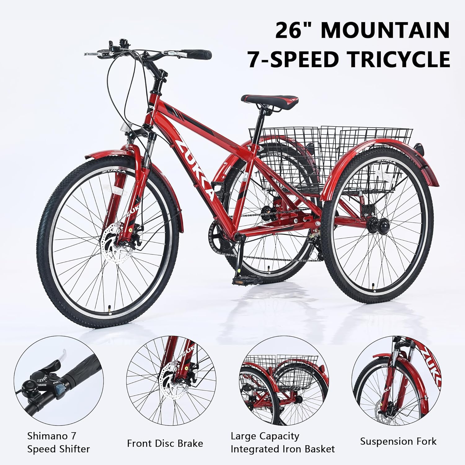 Adult Tricycle Bike,7-Speed Mountain Tricycle,26-Inch 3 Wheels,Comfortable Widen Saddle,Rear Integrated Shopping Basket