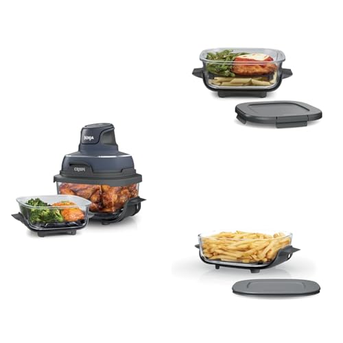 Ninja Crispi Air Fryer, Microwave, Freezer & Dishwasher Safe, Non Toxic Glass Portable Cooking System, 4 QT & 6 Cup Glass Containers with Storage Lids, Easy Meals, Air Fry, Bake, Green, FN101SG