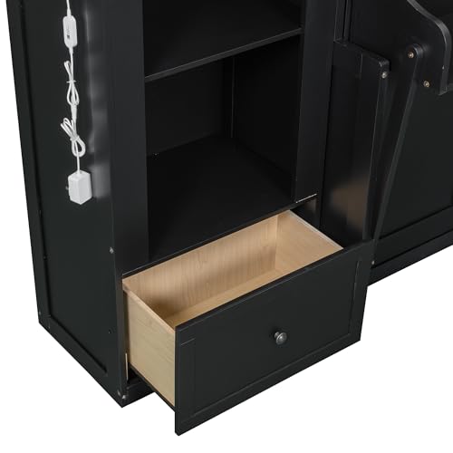 Ball & Cast Queen Size Murphy Bed with Desk,Hidden Wall Bed with 2 Sides Storage Cabinets,Shelf & Led,Murphy Cabinet Bed Frame for Bedroom,Guest Room,Space Saving,Black
