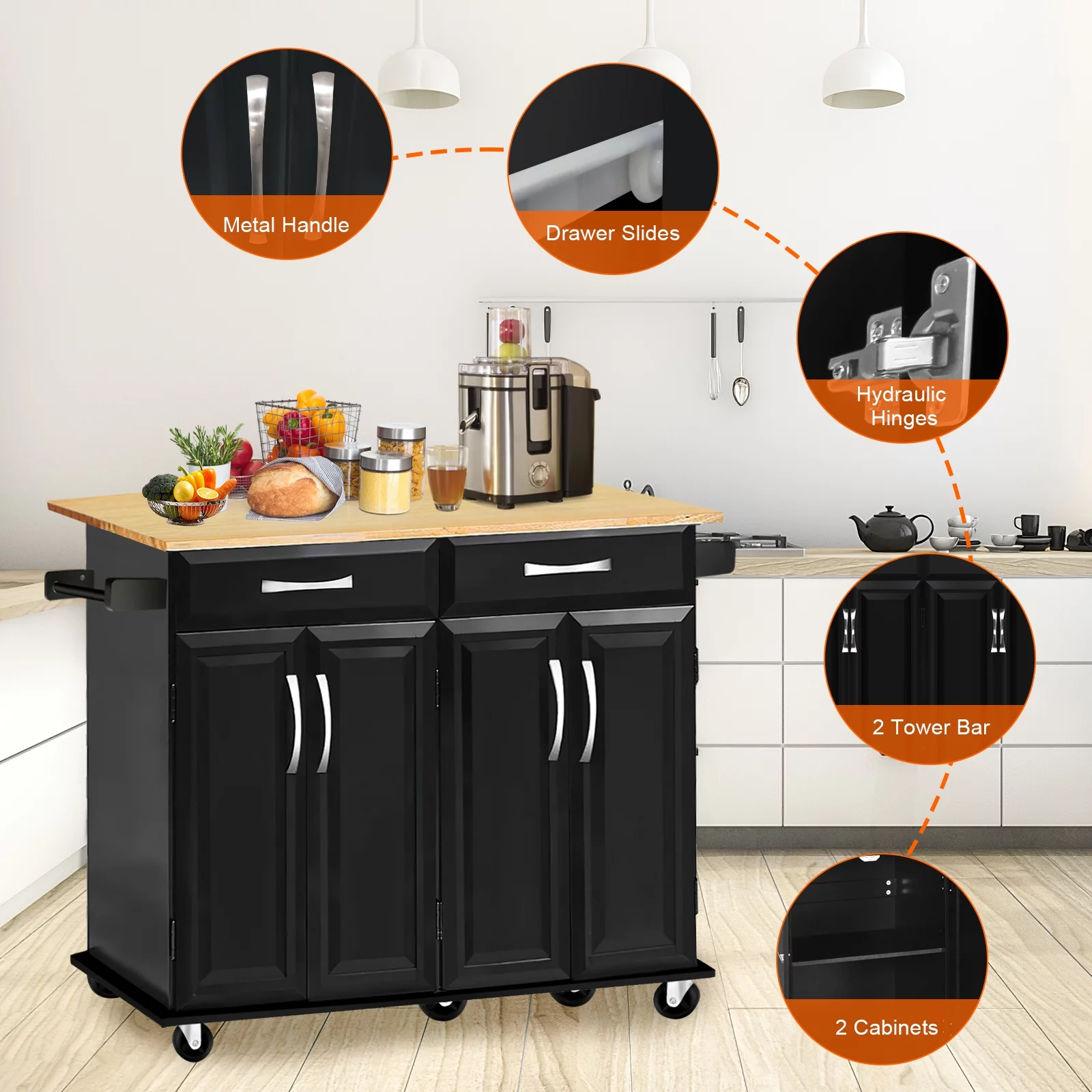 Codesfir Kitchen Island with Drawers and Large Storage Cabinet, Rolling Kitchen Serving Cart with Towel Holder Utility Trolley and Adjustable Shelves, Rubber Wood Top, Easy to Assembly,(Black)