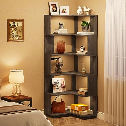 65-Inch Tall Corner Bookshelf, 6-Tier Industrial Corner Bookcase with Side Panels, Freestanding Wood Grain Corner Shelf Display Rack for Home Office, Living Room
