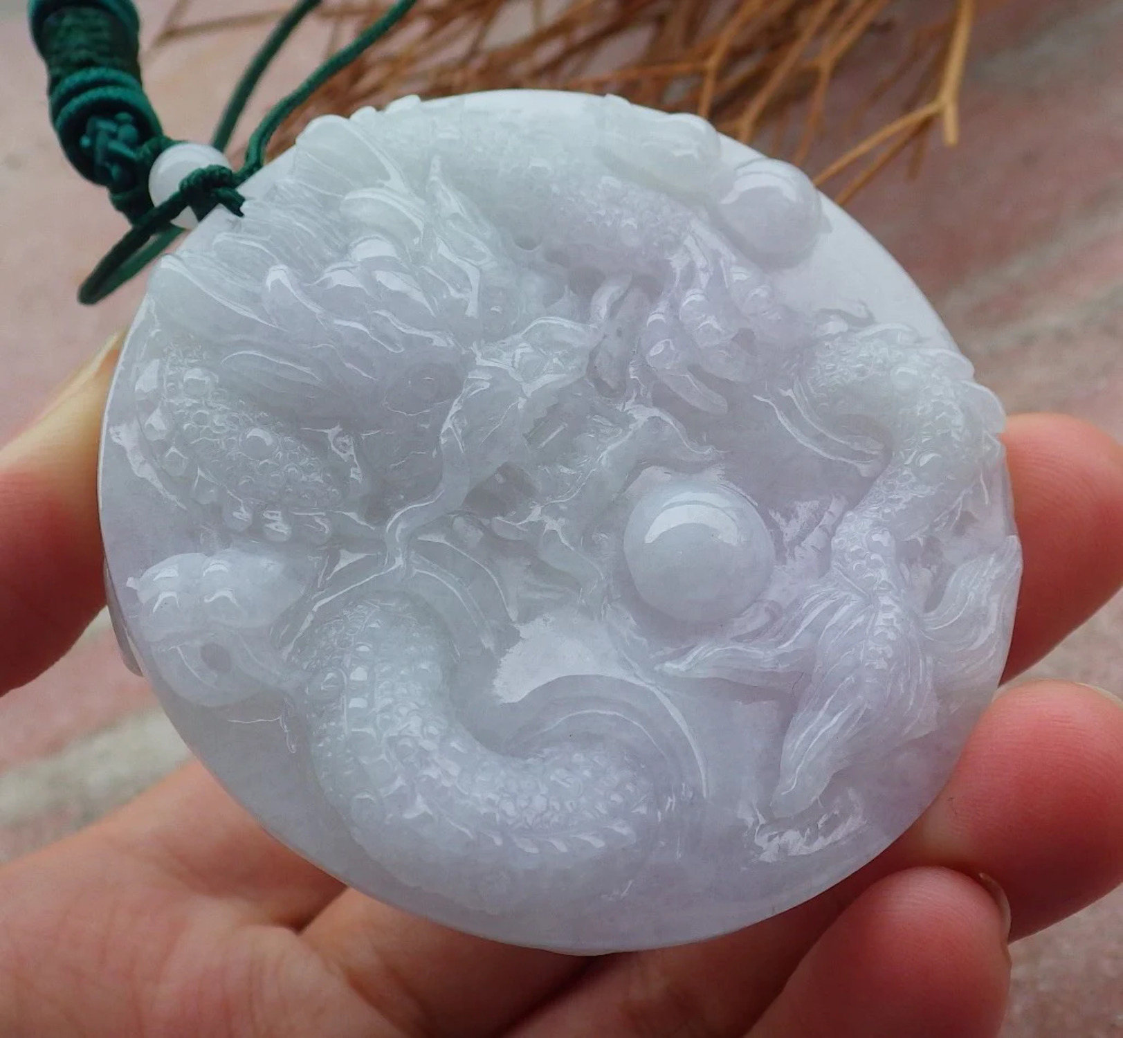 Certified Hand Carved Two Side Green Lavender Natural Myanmar Burma A Jade jadeite Circle Dragon Phoenix Pendant Necklace