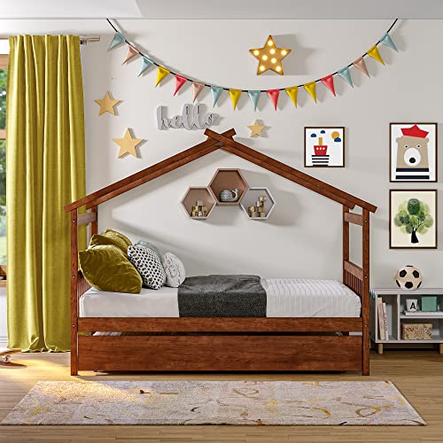 Full Size House Bed for Kids, Montessori Bed Full Size Platform Bed Frame with 2 Drawers, Headboard and Footboard, Solid Wood Full Storage Bed for Girls & Boys (Full, Gray)