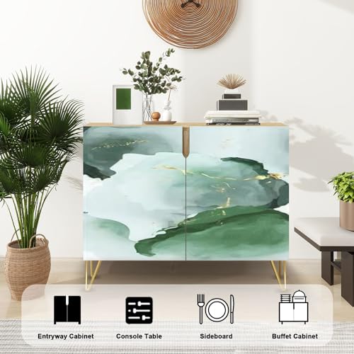 Mid Century Sideboard Buffet Kitchen Storage Cabinet with 2 Doors Realistic Marble Gold White Texture Seamless Abstract Cupboard Console Table Bar Cabinet for Dining Room Hallway