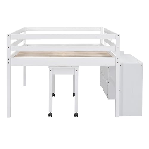 Merax Low Twin with Desk, Wood Loft Bed with 2 Storage Drawers and Lateral Portable Table, No Box Spring Needed, for Boys & Girls (White)