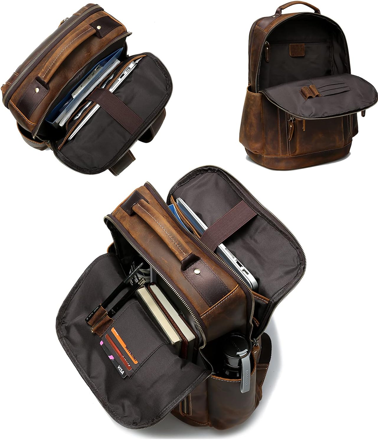Lannsyne Men's Vintage Full Grain Leather Backpack for 16 Laptop Travel Hiking Camping Rucksack