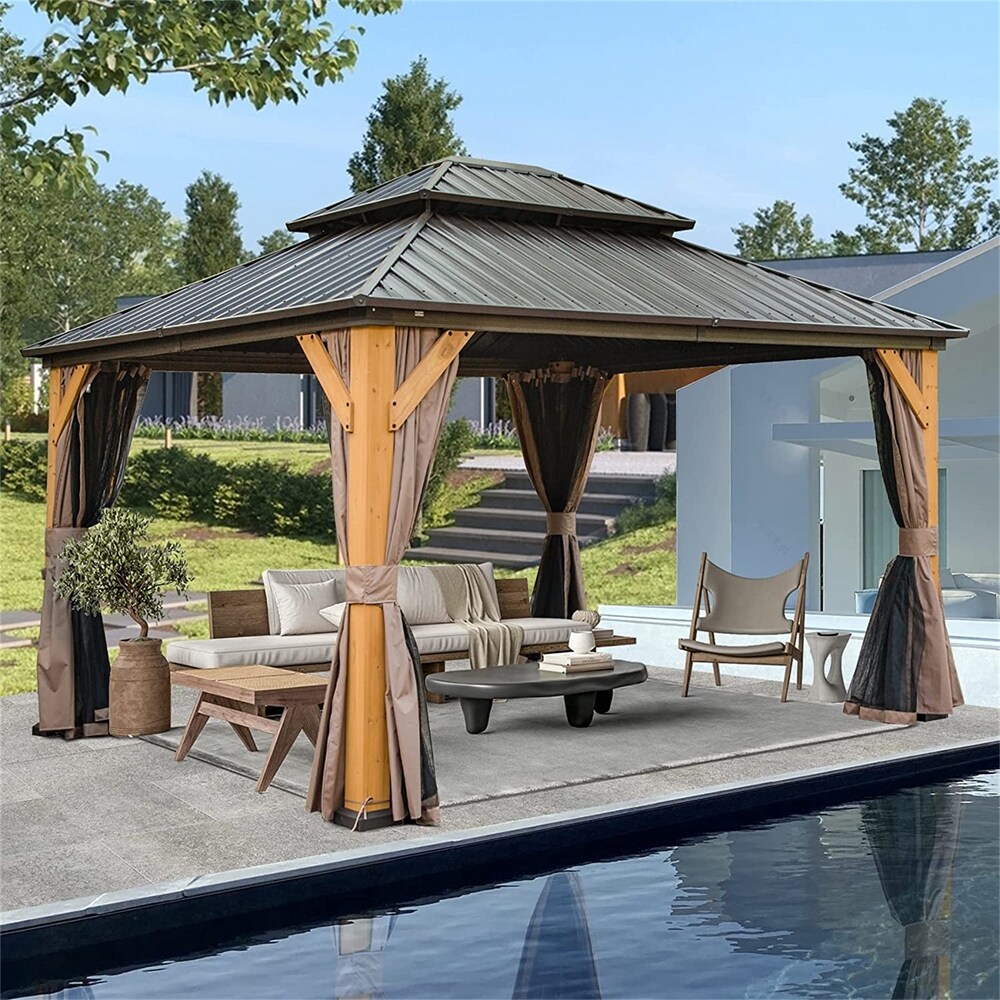 BESTCOSTY 12'x14' Outdoor Wood Frame Hardtop Gazebo,Galvanized Steel Double Roof