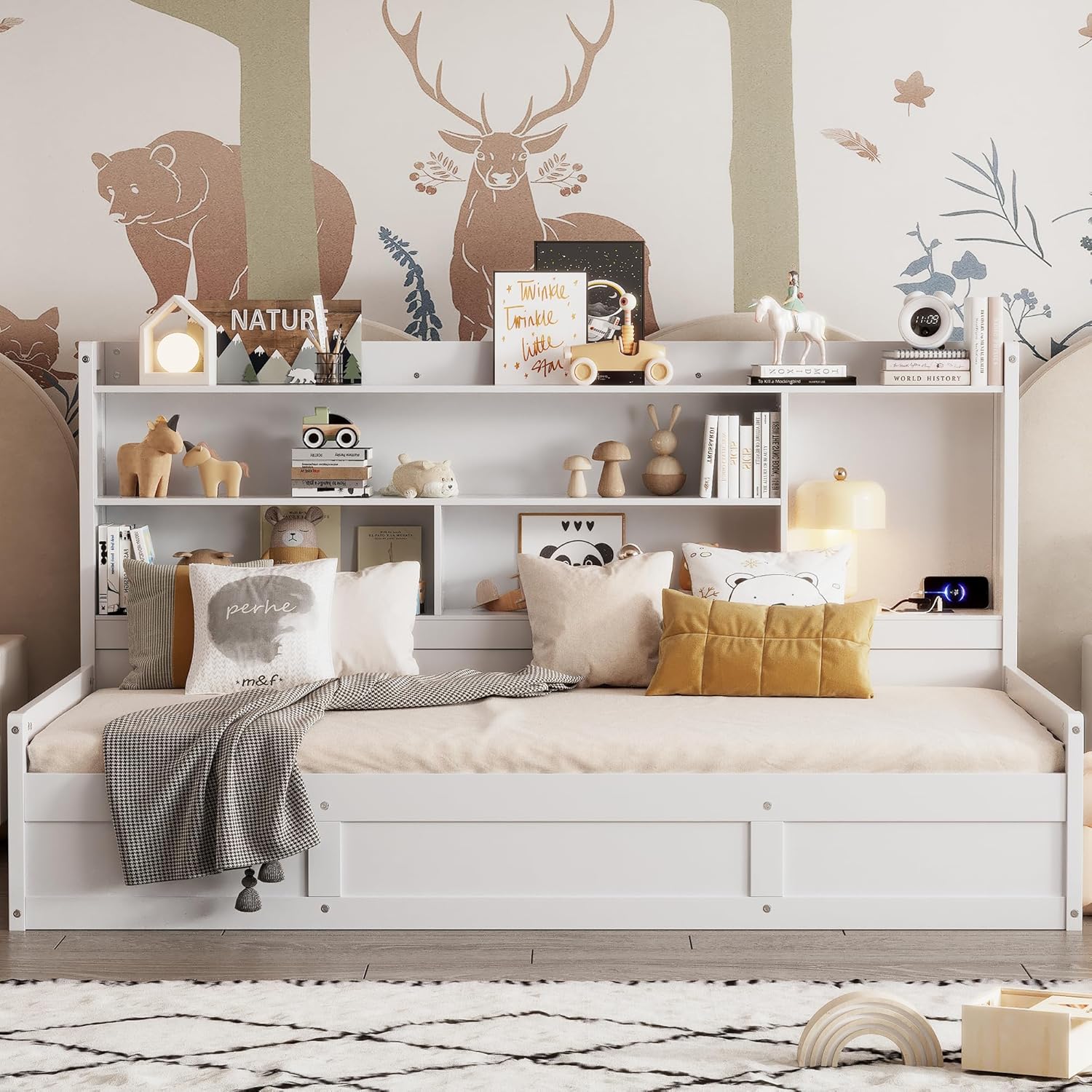 Twin Size Daybed with Storage Bookcases, Underneath Storage and USB Charging Station, Multi-Functional Hydraulic Storage Day Bed Sofa Bed for Living Room, Bedroom, Guestroom, White