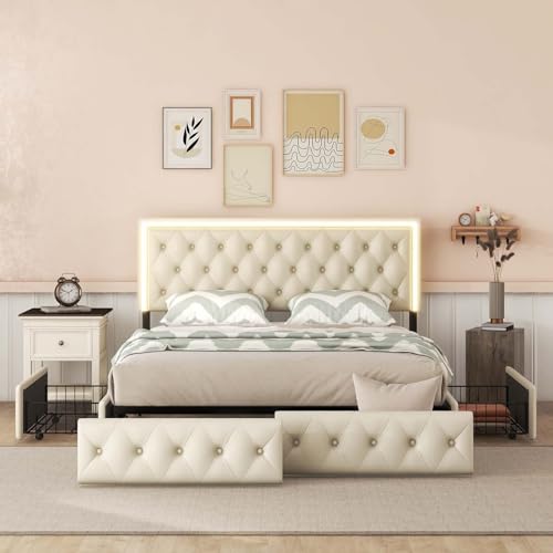 Queen Size Upholstered Bed Frame with 4 Storage Drawers, Button Tufted Adjustable Headboard PU Leather Platform Bed with LED Light, No Box Spring Needed (Black)