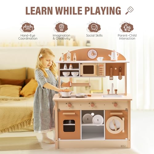 ROBUD Play Kitchen Set, Wooden Play Kitchen with Ice Maker, Fridge, Coffee Machine, Oven, Dishwasher, Microwave, Kitchen Accessories, Toy Kitchen Gift for Boys Girls, 3+