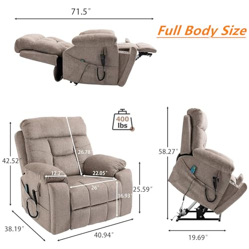 Light Grey Recliner Chair for Elderly | Tall and Big Man 400lbs | Chenille | Power Lift, Lay Flat, Stand Up, Wireless Charging Device, Extended Footrest, Massage Heat, Cup Holder, Lumbar Pillow