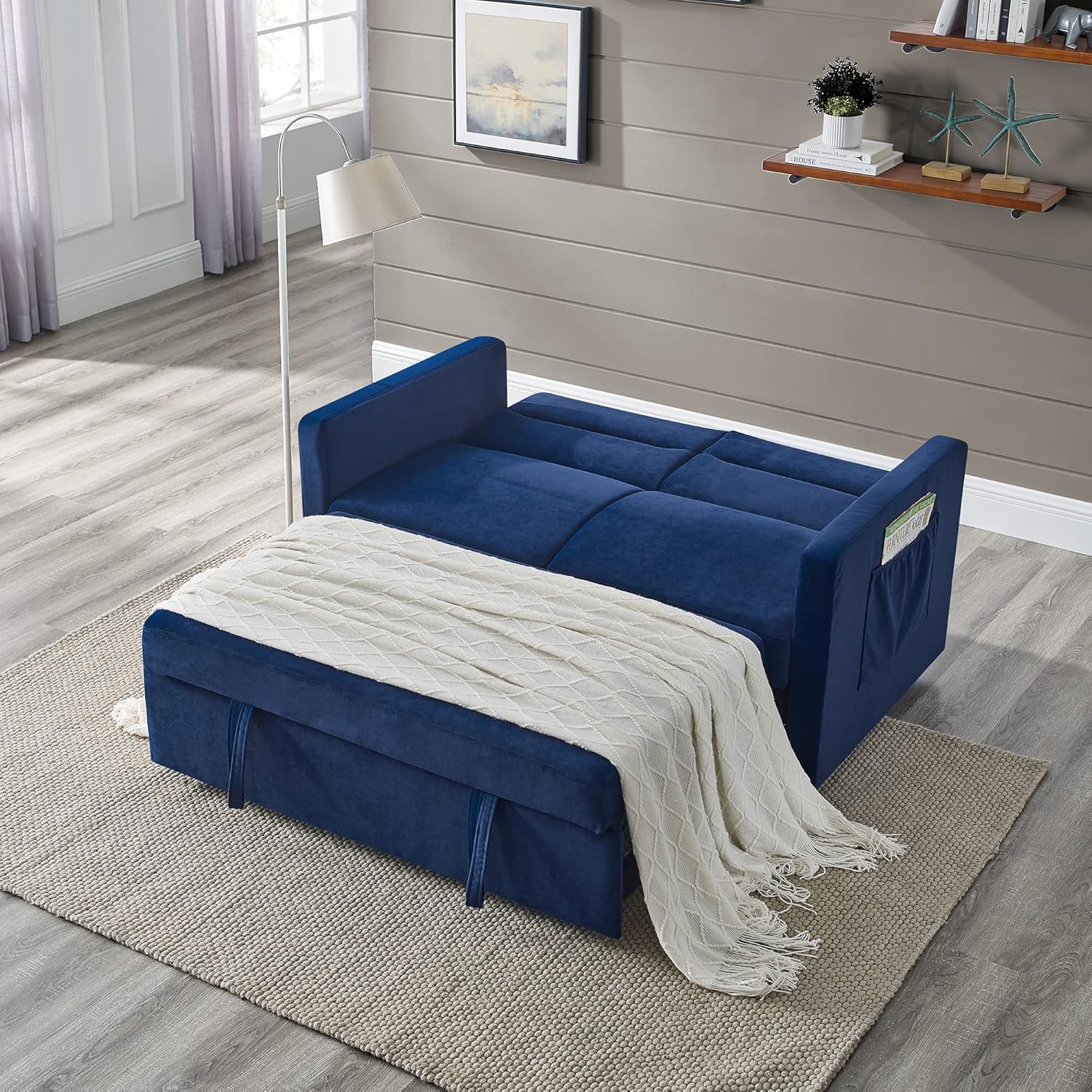 3-in-1 Multi-Functional Convertible Sofa Bed, Comfy Upholstered Sleeper Loveseat Futon Couch Pull, Chaise Lounge with Adjustable Backrest Sofabed, Blue 54.5"