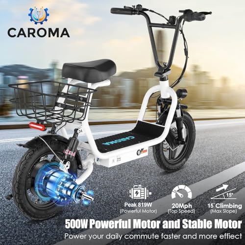 Caroma Peak 500W/800W/1200W Electric Scooter with Seat, Max 15/20/30Miles Range&20MPH, 14" Tires Foldable Adult Electric Scooter with Basket for Pets & Cargo, Dual Shock Absorbing Ebike for Commuting