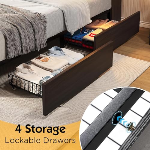 Full Farmhouse Bed Frame with Bookcase Headboard and 4 Drawers, LED Storage Bed with Charging Station & Linen Upholstered, No Box Spring Needed, Black