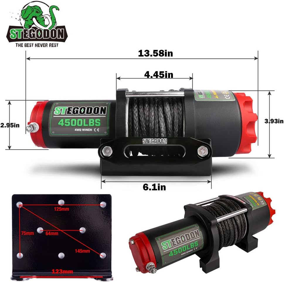 STEGODON 4500 lb. Load Capacity Electric Winch,12V Black Synthetic Rope Winch with Wireless Handheld Remotes and Wired Handle,Waterproof IP67 Electric Winch with Hawse Fairlead(All-Black)