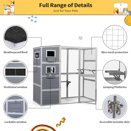 COZIWOW Large Wood Cat Catio, Outdoor Enclosure with Weatherproof Roof, 2 Resting Rooms, 2 Platforms, 4-Tier Cat Playpen, Orange