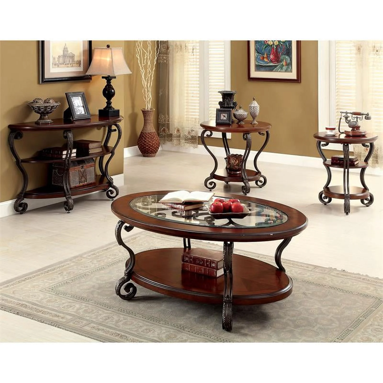 Furniture of America Azea Traditional Wood 2-Shelf Console Table Brown Cherry