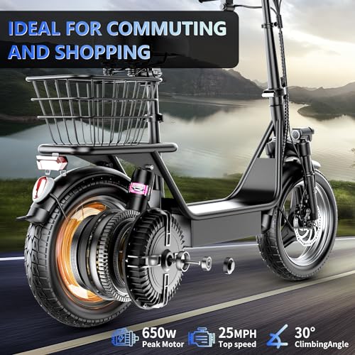 Electric Scooter with Seat for Adults, 500W Peak Motor Sit Down E Scooter with Basket/Box, 20-25 MPH and 20-30 Miles Long Range, 14" Pneumatic Tire, Ample Storage for Pet & Cargo