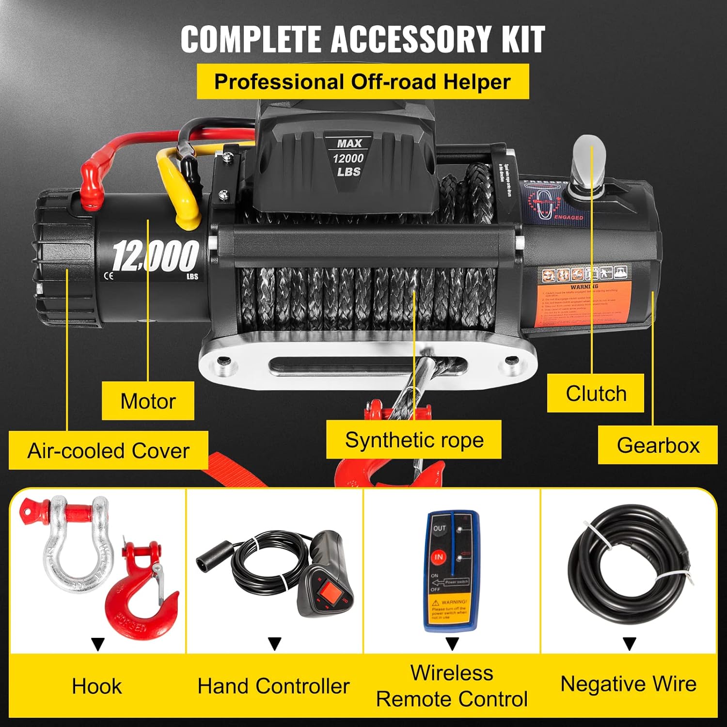 VEVOR Truck Winch 12000lbs Electric Winch Synthetic Rope with Wireless Remote Control and Powerful Motor for UTV ATV & Jeep Truck and Wrangler in Car Lift