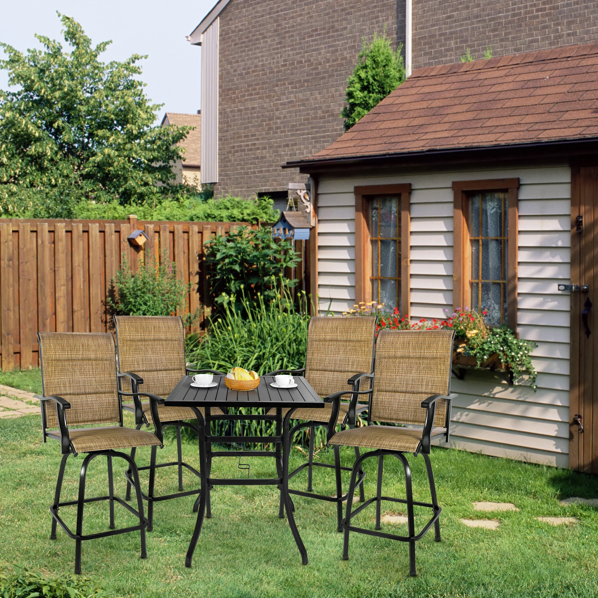 Bigroof 5-Piece Outdoor Textile Bar Set with Swivel Bar Stools Extra Wide Modern Patio Furniture Suitable for Patio Garden Porch Dining room, black, Steel