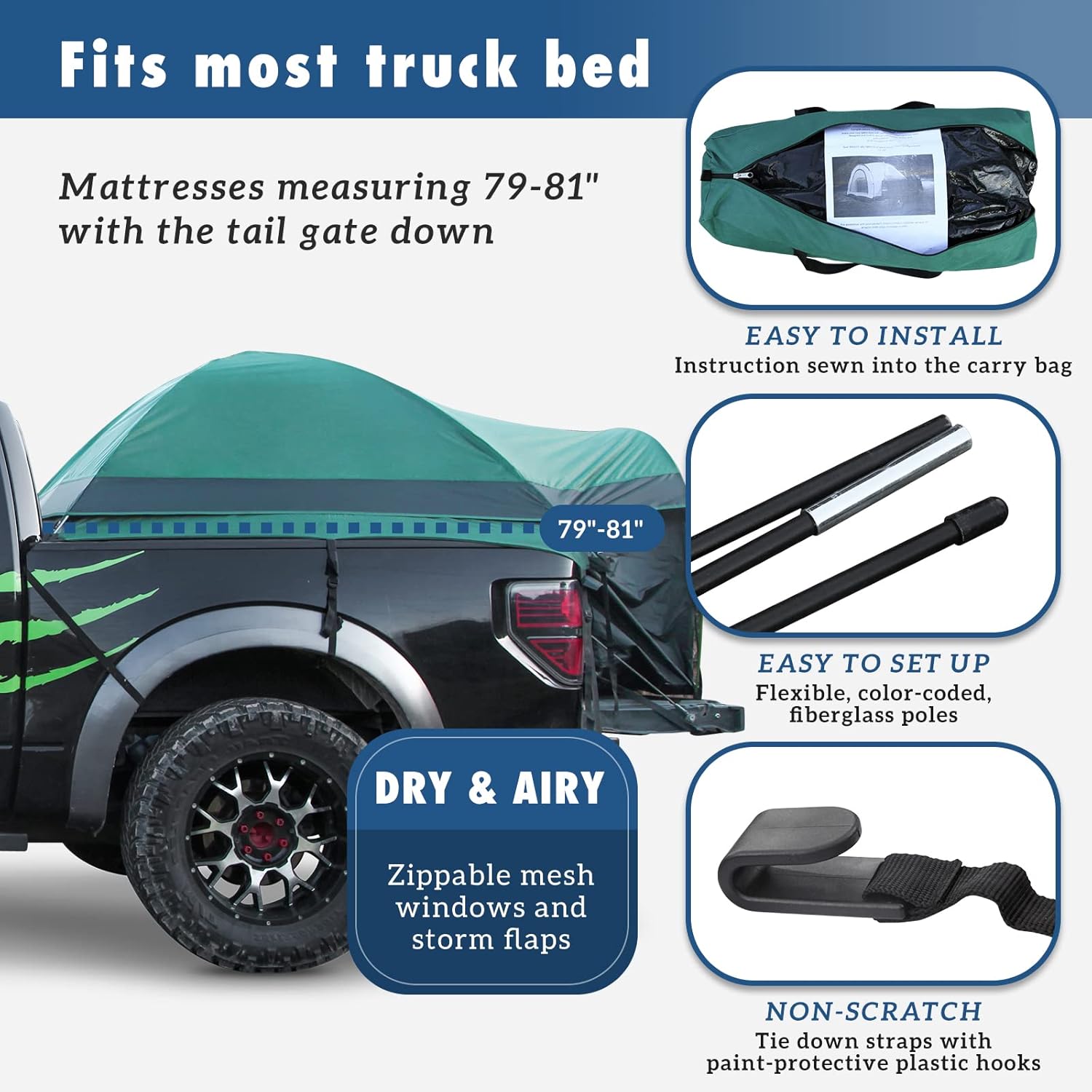 MR Full Size Truck Tent for Camping with Waterproof Rainfly, Double Layer for 2-Person Portable Truck Bed Tent, Car Bed Camp Tents for Pickup Trucks, Fits Mattresses 79-81", Vehicle Mounted Tent…