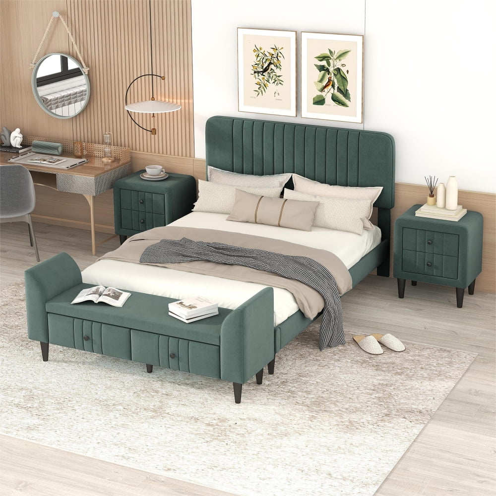 Cosymart 4-Pieces Bedroom Sets Full Size Upholstered Platform Bed With Two Nightstands And Storage Bench-Green