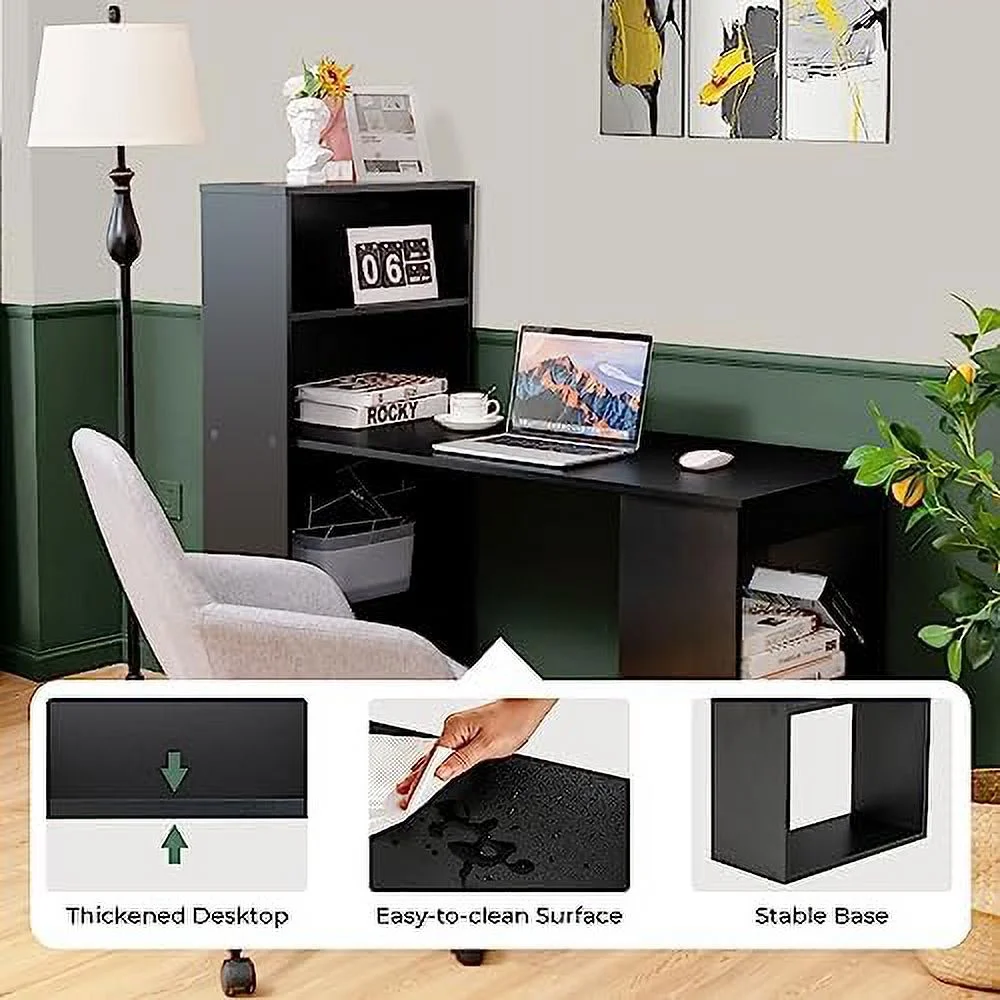 RUNFAYBIU 48 Inch Computer Desk with Bookshelf  3-in-1 Home Office Desk with 4-Tier Bookcase &amp; CPU Stand  Space-Saving Reversible Writing Desk Work Table for Bedroom  Study Room  Offi