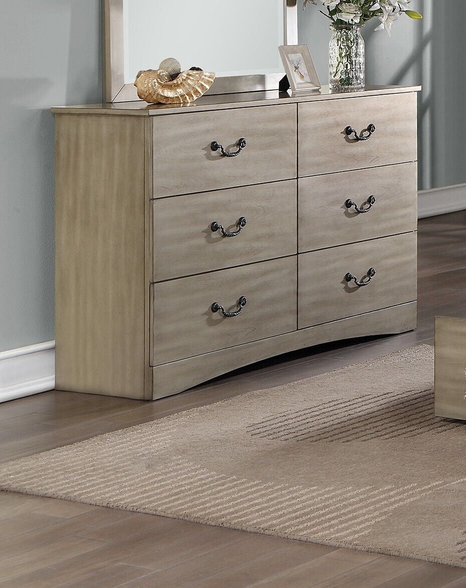 6pc Bedroom Set Classic Chic Cal King Size Bed w underbed Drawer Dresser Mirror Nightstands Chest Light Tan Finish Hue Furniture