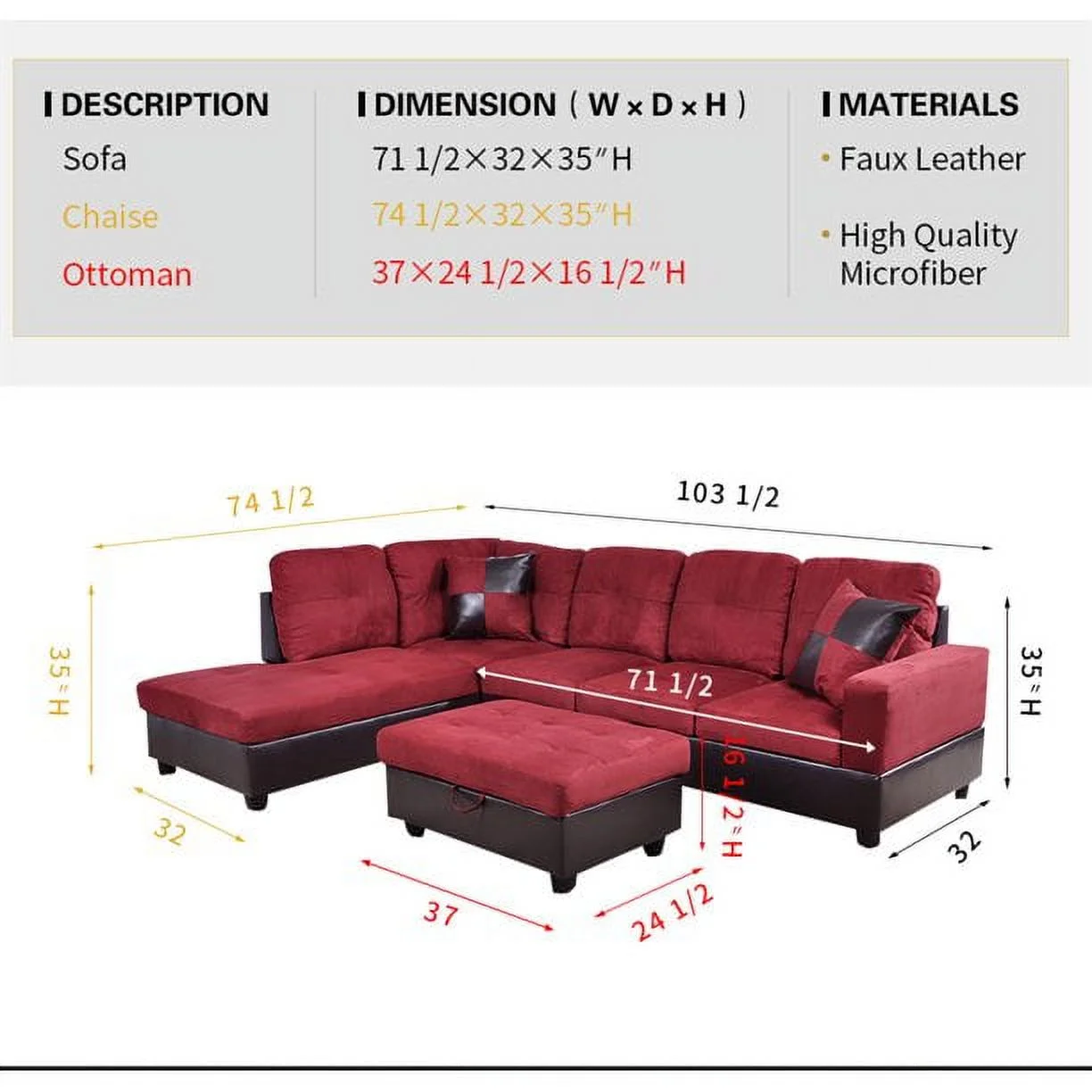 PonLiving 103.5" Wide Corner Microfiber Sectional Sofa with Storage Ottoman & Matching Pillows Right Hand Facing, Red