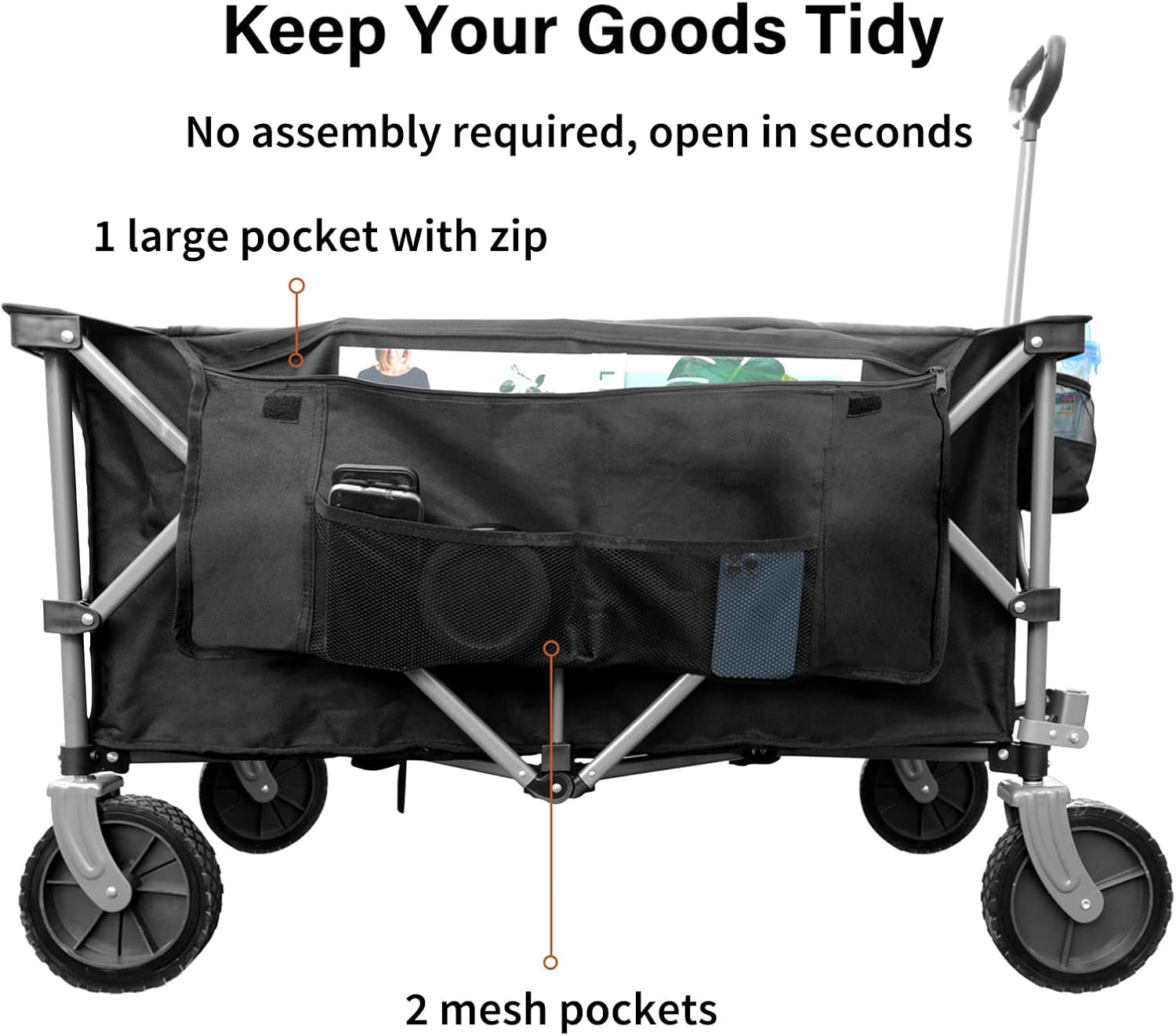 ROMISS Folding Wagon Cart Heavy Duty Collapsible Utility Wagon Outdoor Camping Garden Cart with Universal Wheels for Camping, Sports, Shopping - Black