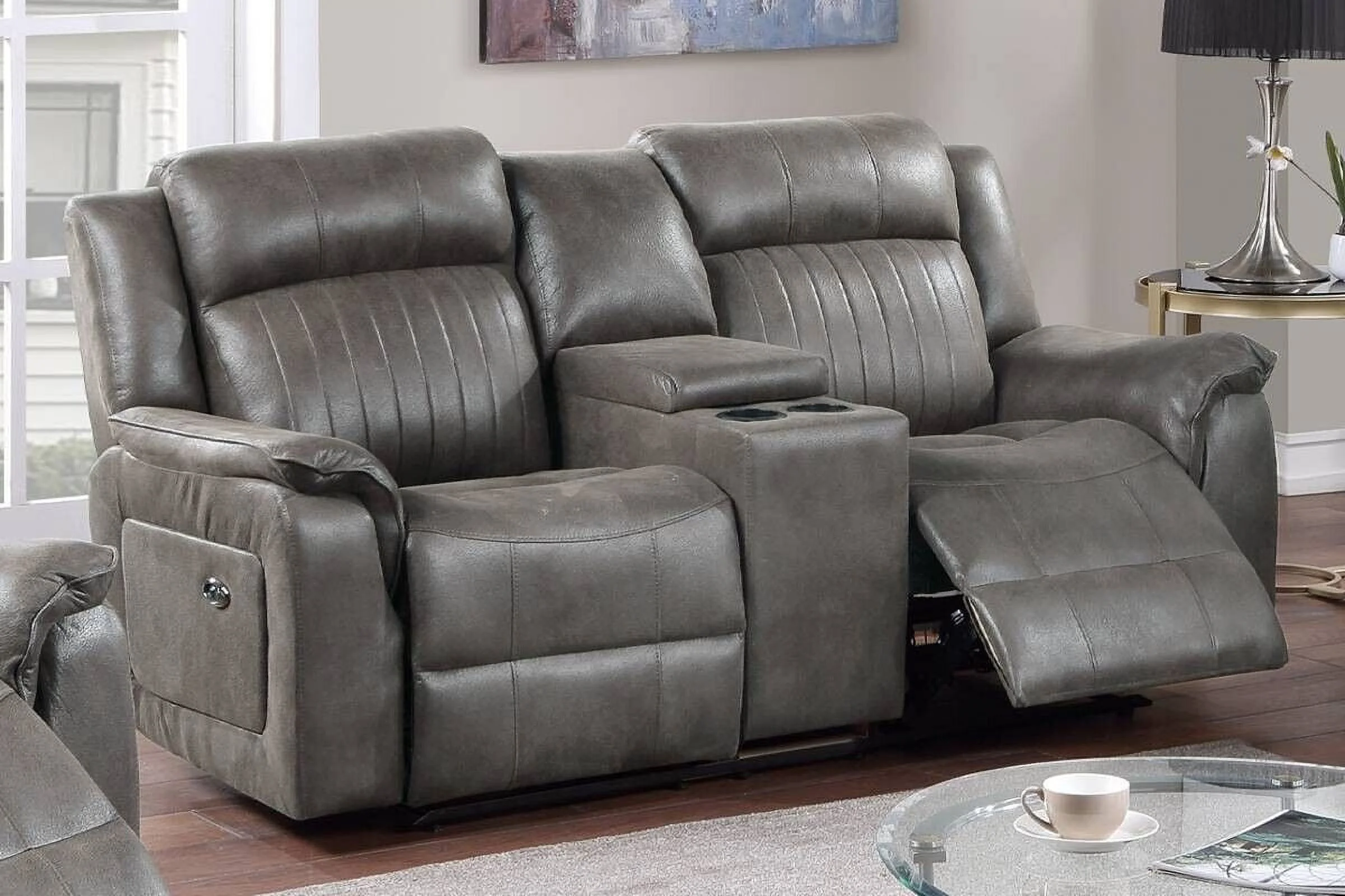 Living Room Furniture Power Motion Sofa Loveseat w Console 2pc Reclining Sofa Set Couch Modern Slate Blue Leatherette