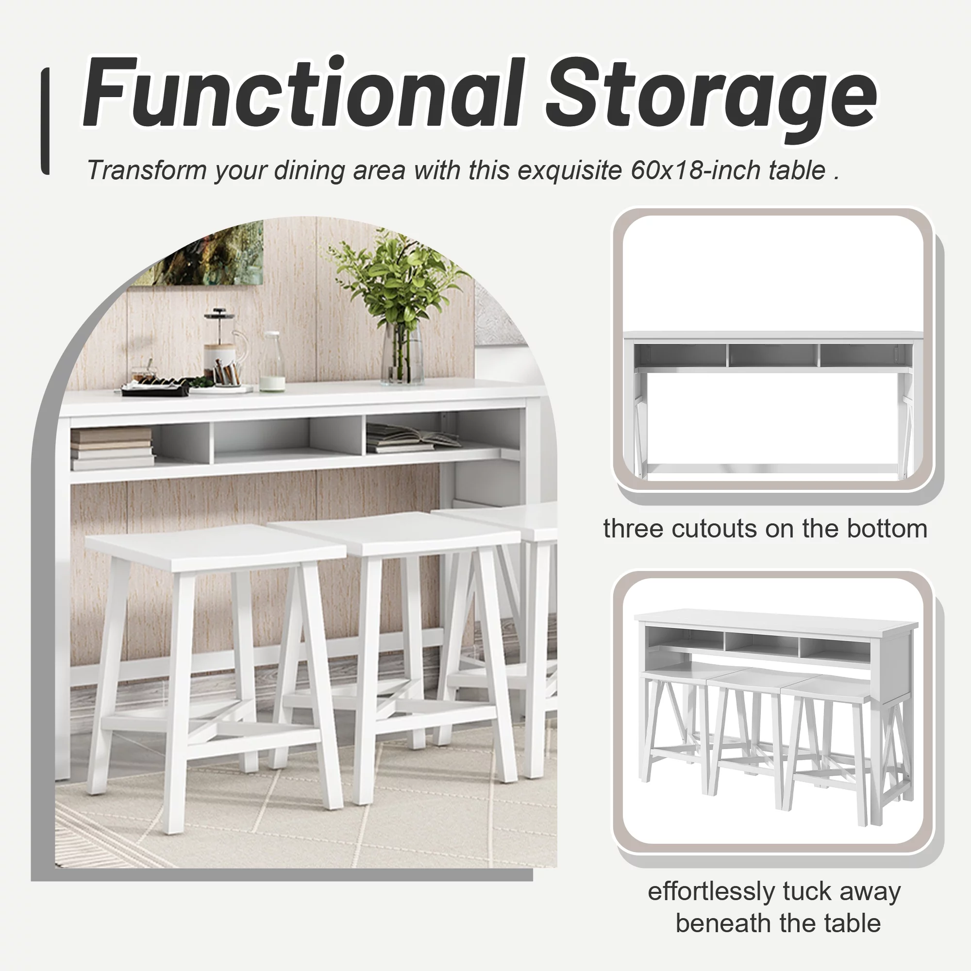 4-Piece Bar Table with Stools, Farmhouse Pub Table Set, Counter Height Dining Table Set with Functional Storage, 60” Kitchen Bar Table with 3 Stools for Small Space, White