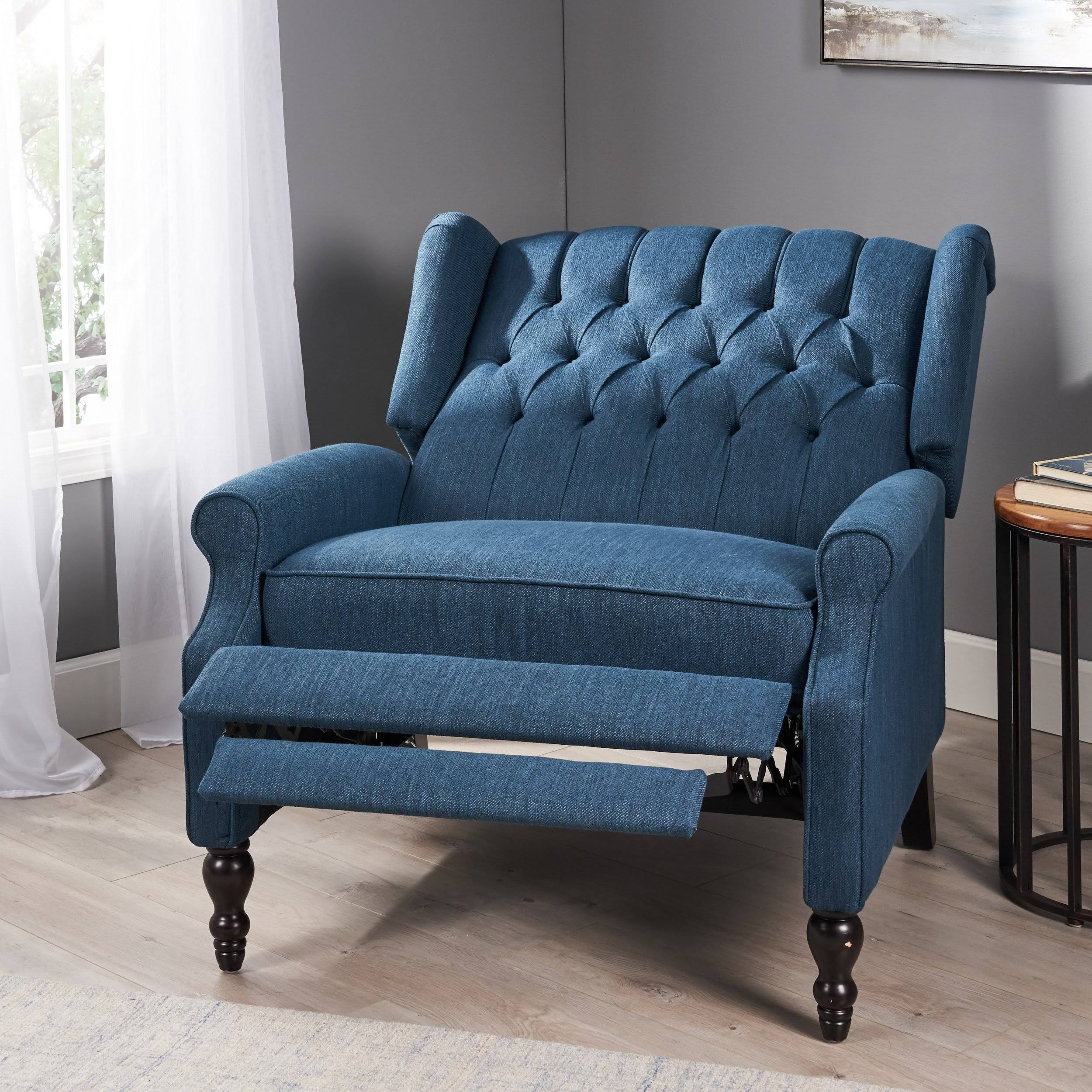 Salome Oversized Tufted Wingback Fabric Push Back Recliner, Navy Blue