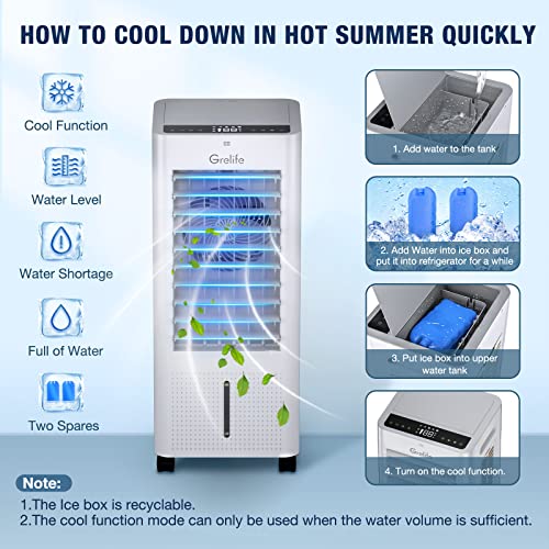 Grelife Air Cooler,3-IN-1 Portable Evaporative Air Cooler Cooling Fan with 4 Ice Packs,12H Timer,1.58 Gallons,Remote Control,3 Modes,3 Speeds,Personal Swamp Cooler for Bedroom, Home, Office
